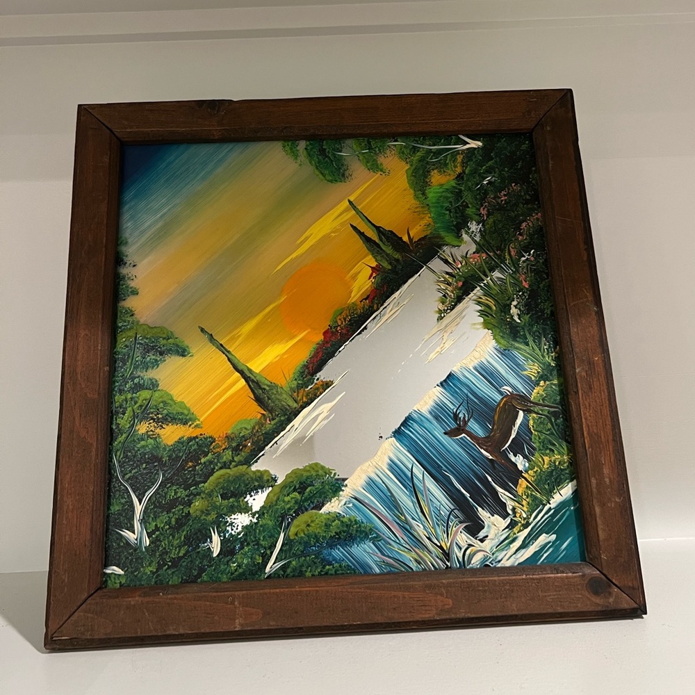 Painting on Mirror Nature Wildlife Deer Lake Framed Signed 1988